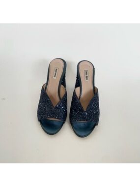 Miu Miu Navy Glitter Open-Toe Heeled Mules with crystal Accent